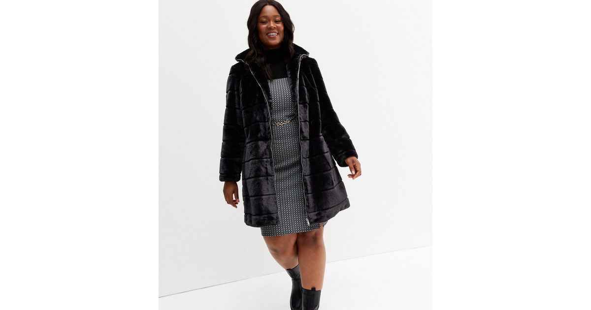 Curves Black Pelted Faux Fur Funnel Neck Coat New Look
