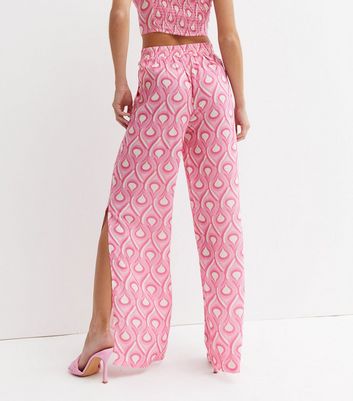 Pink Geometric Print Wide Leg Split Hem 