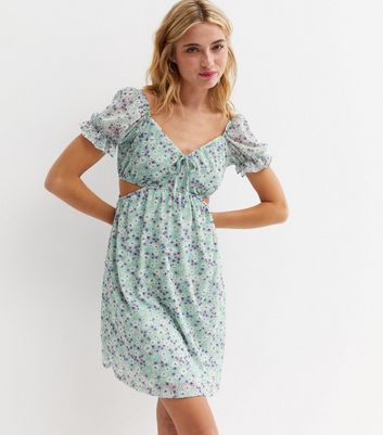 Blue Ditsy Floral Mesh V Neck Cut Out Mini Dress