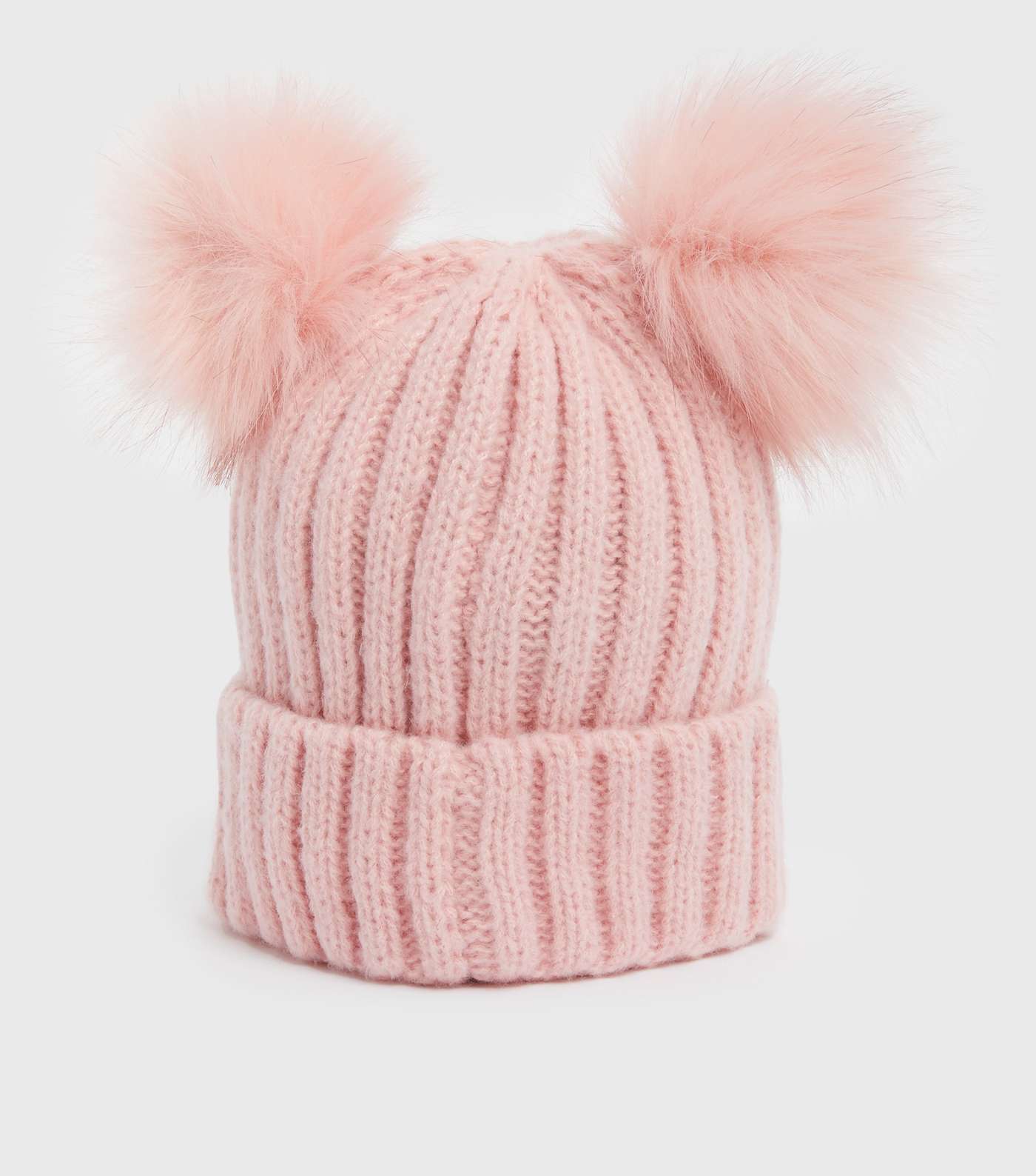 Girls Pink Ribbed Double Faux Fur Pom Pom Bobble Hat Image 2