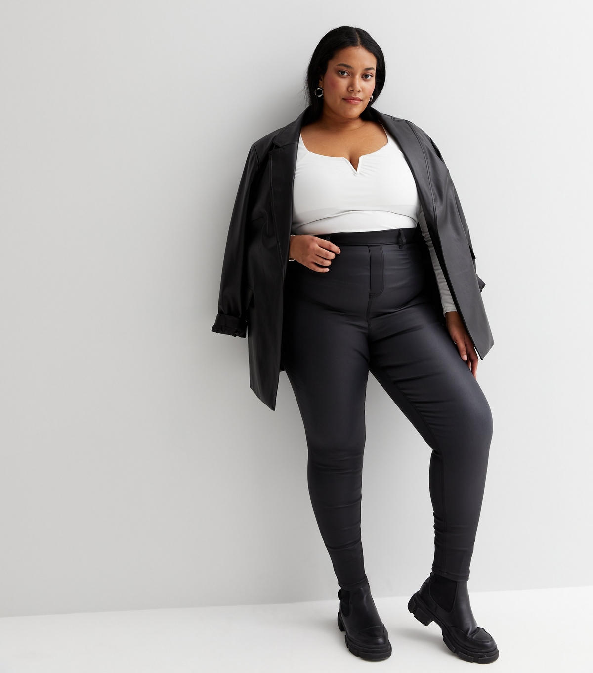 Women's Plus Size Black Coated Leather-Look High Waist Jeggings Curves New Look