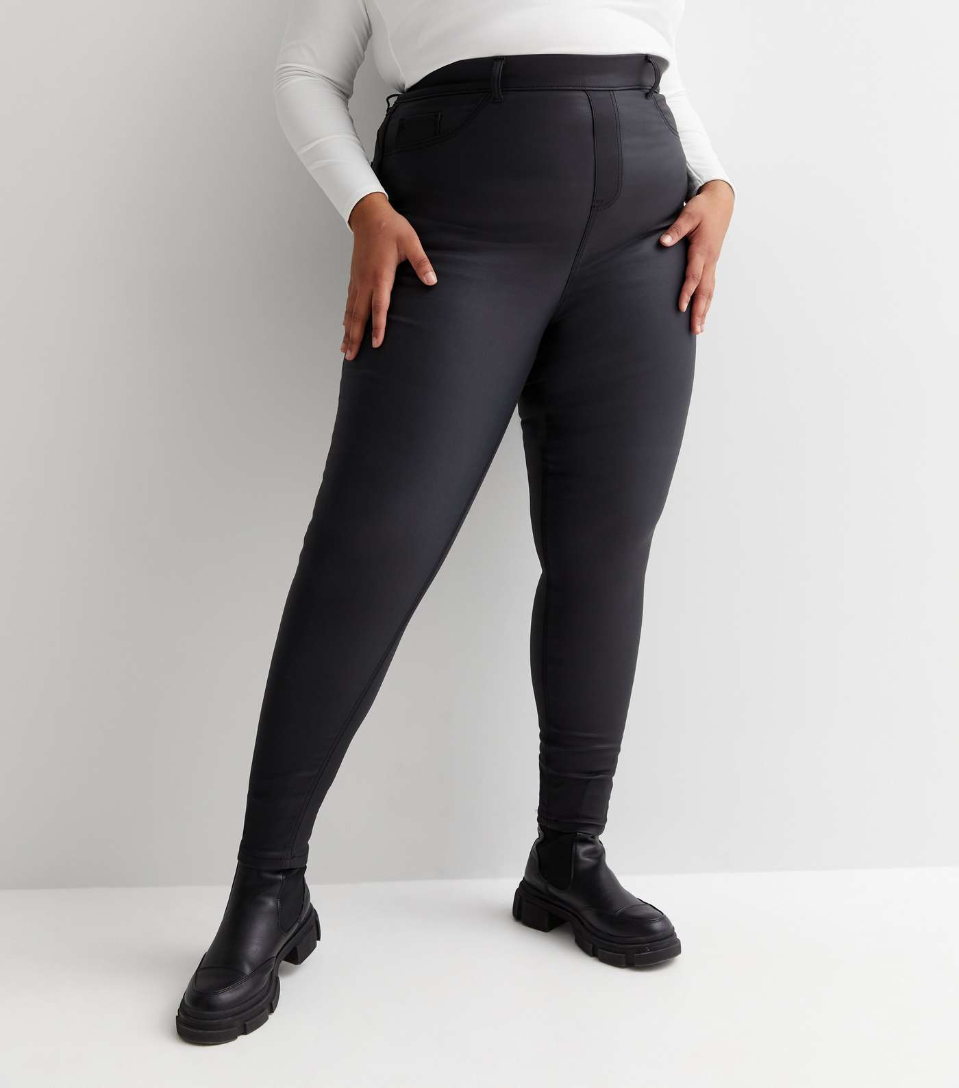 Curves Black Coated Leather-Look High Waist Jeggings Image 2