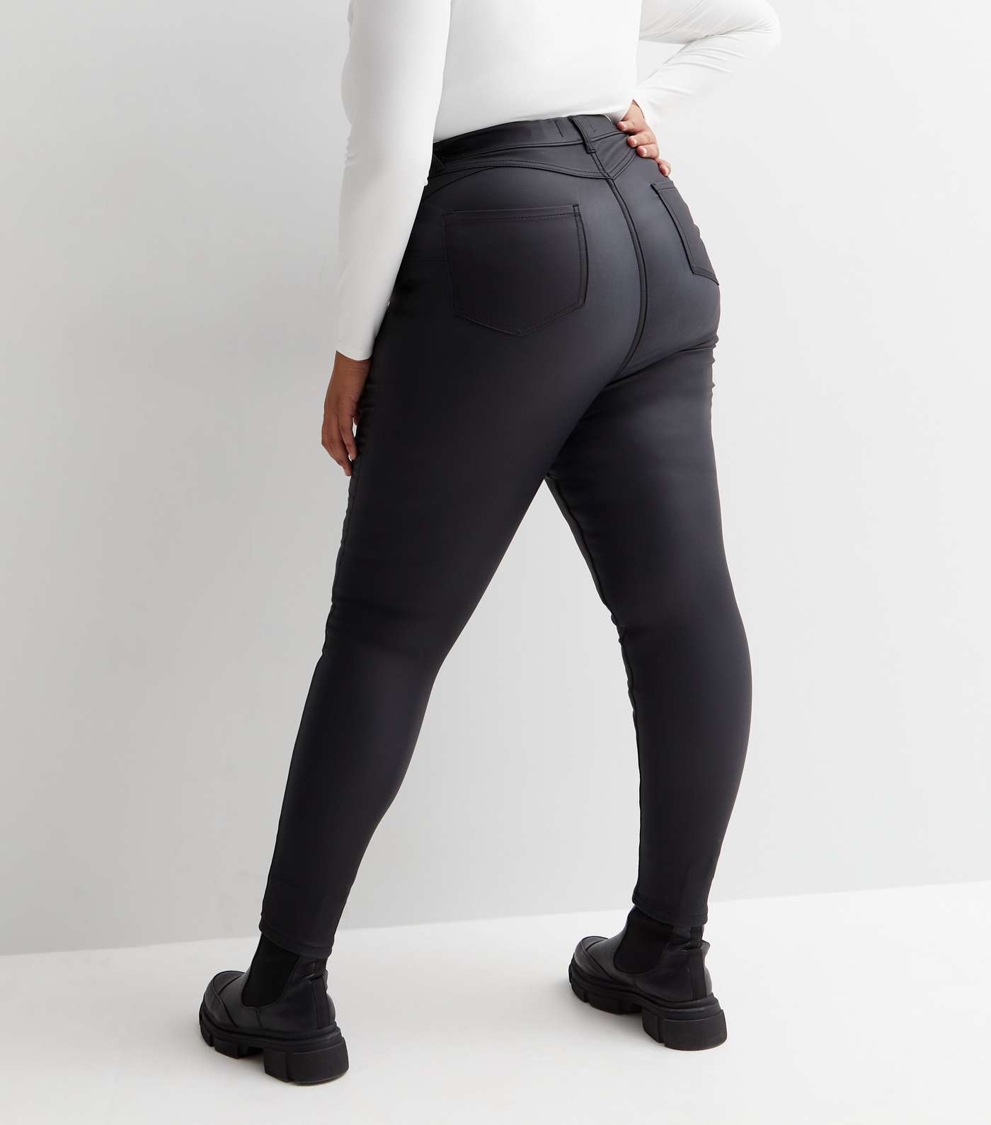 Curves Black Coated Leather-Look High Waist Jeggings Image 4
