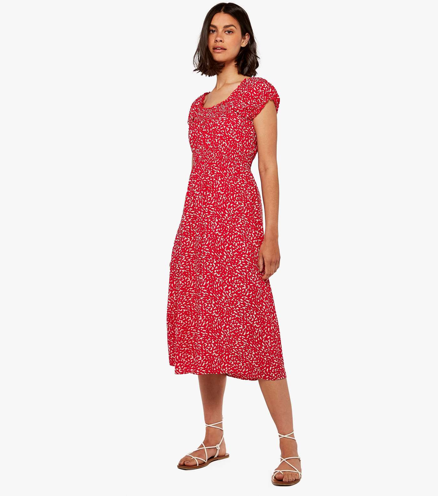 Apricot Red Spot Shirred Frill Midi Dress Image 2