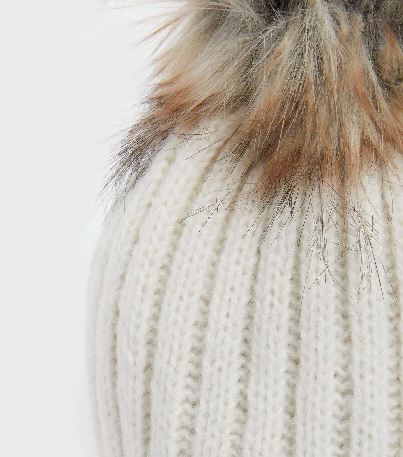 Girls Cream Ribbed Knit Faux Fur Pom Pom Bobble Hat Image 3