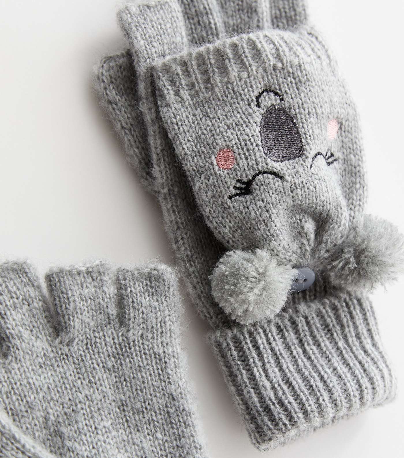 Girls Grey Koala Knit Flip Top Gloves Image 2