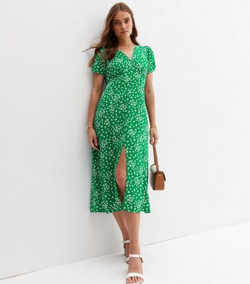 Green Ditsy Floral Button Front Midi Tea Dress New Look