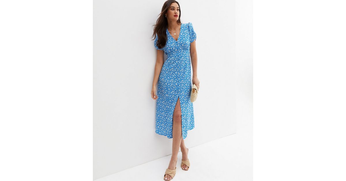 Blue Ditsy Floral Button Front Midi Dress | New Look