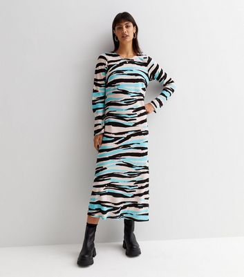 White Zebra Print Long Sleeve Tie Back Midi Dress