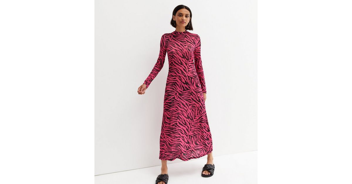 Pink Zebra Print Long Sleeve Midi Dress New Look