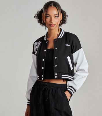 Pink Vanilla Black Crop Varsity Bomber Jacket New Look