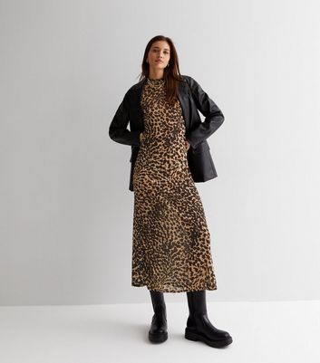 Brown Animal Print Long Sleeve Midi 