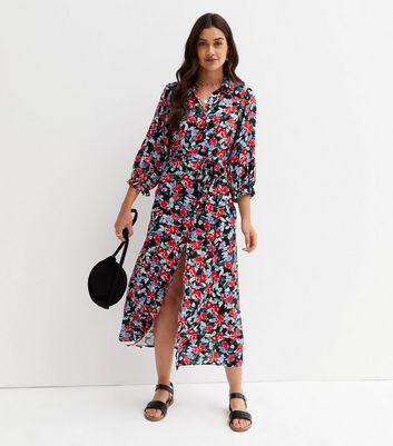 Black floral midi sales shirt dress