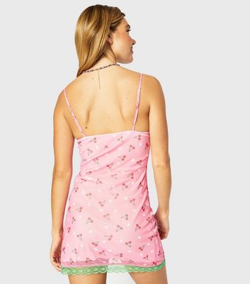 Skinnydip Mid Pink Cherry Mesh Lace Trim Mini Dress | New Look