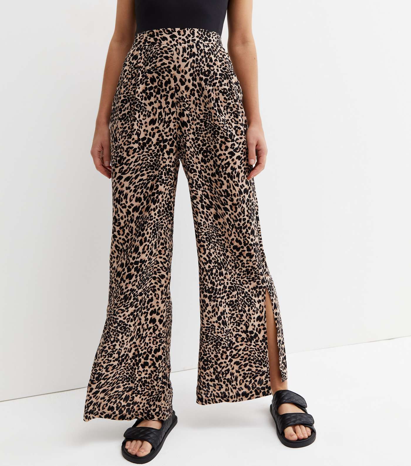 Brown Leopard Print Wide Leg Split Hem Trousers Image 2