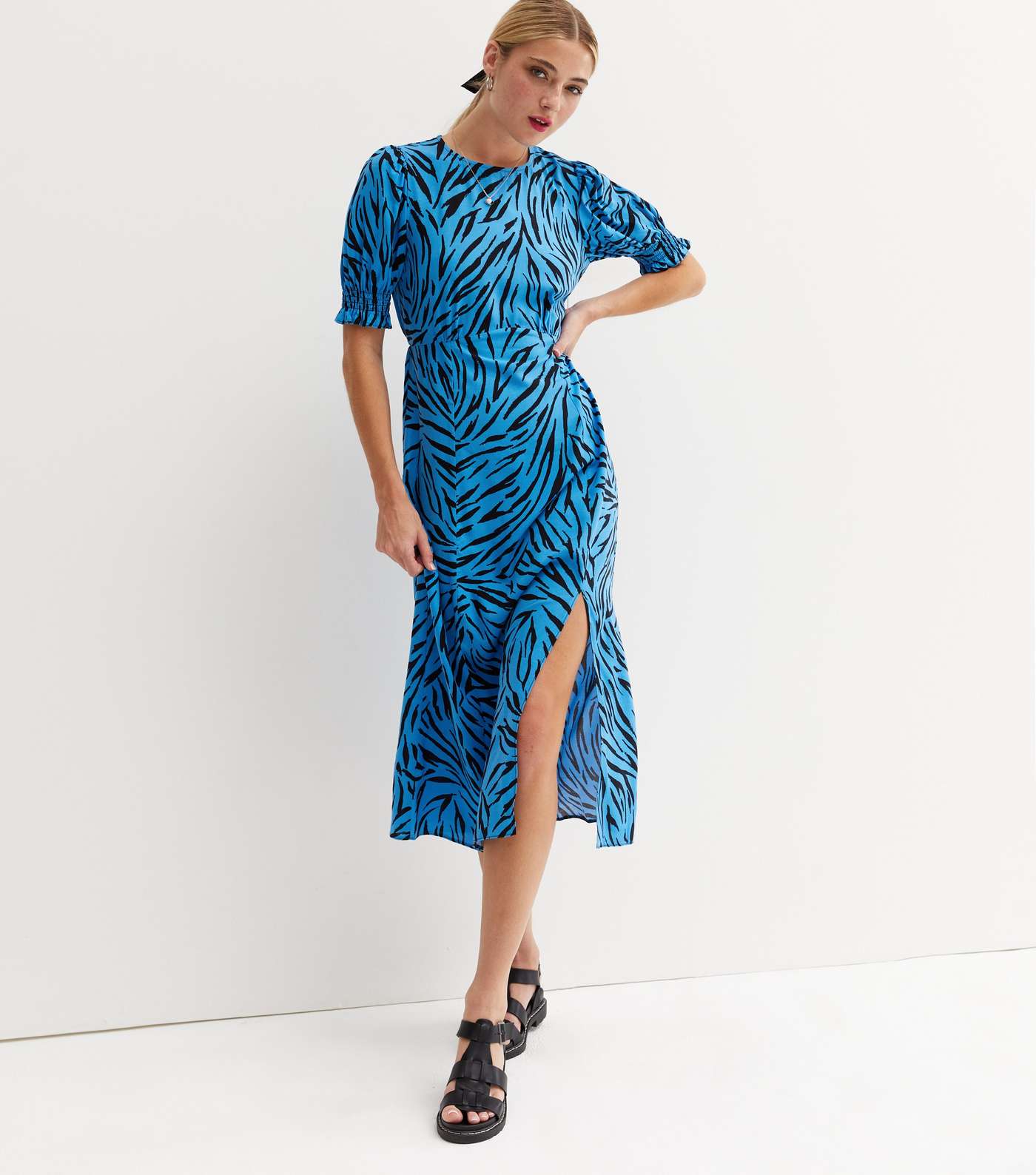 Blue Zebra Print Split Hem Midi Dress