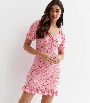 Pink Ditsy Floral Broderie Short Puff Sleeve Mini Dress