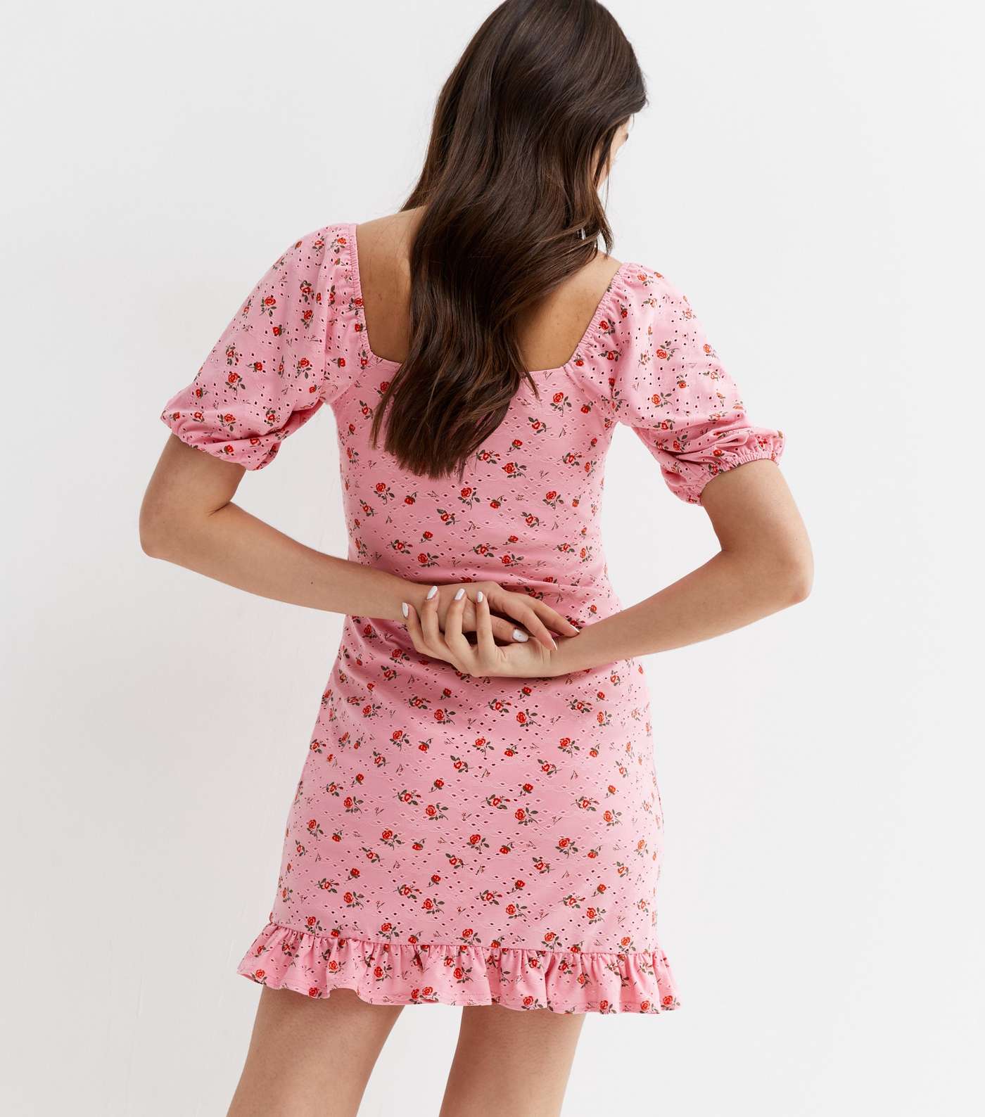 Pink Ditsy Floral Broderie Short Puff Sleeve Mini Dress Image 4