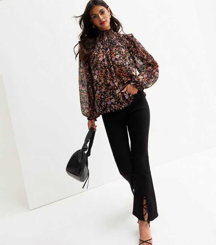 Black Floral Chiffon High Neck Blouse