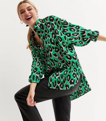 Green Leopard Print Satin Long Sleeve Oversized Shirt