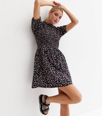 Black Heart Crepe Shirred High Neck Mini Dress