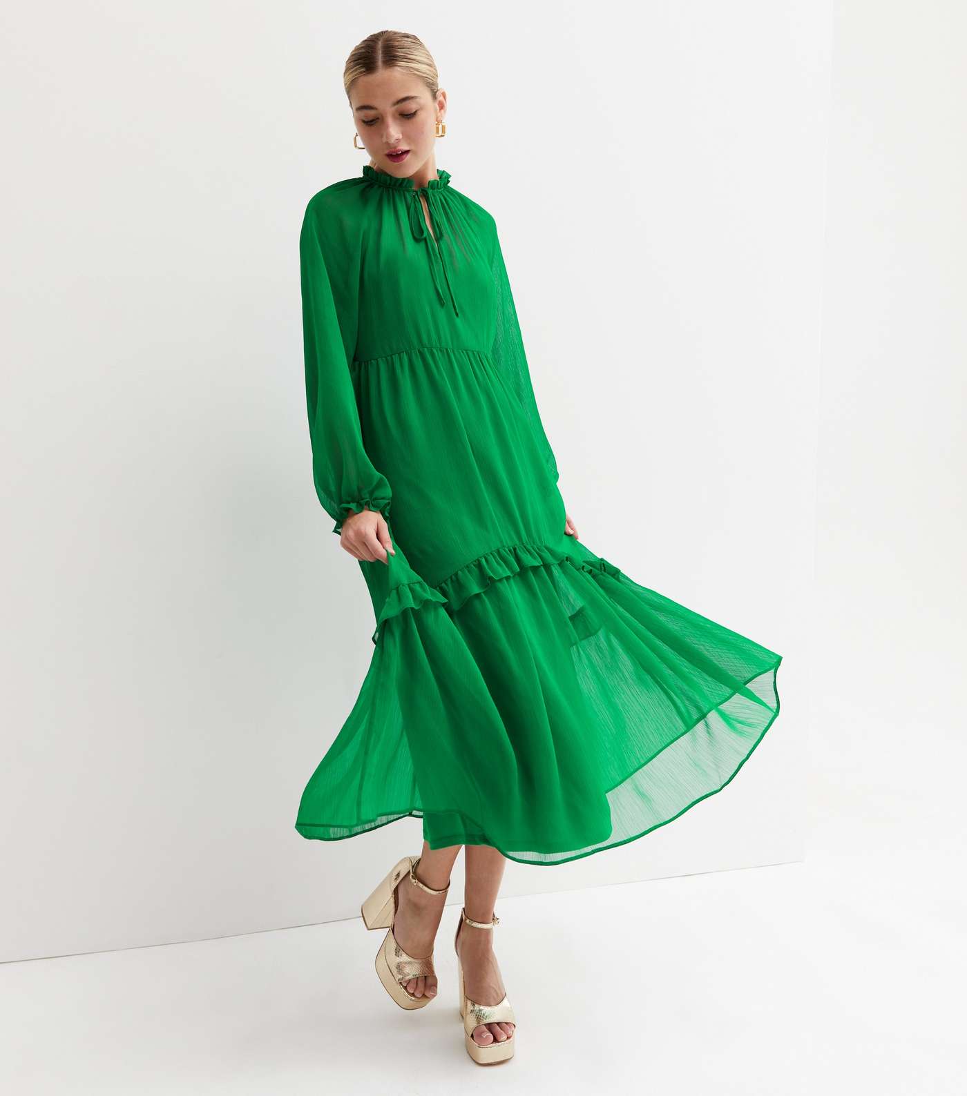 Green Chiffon Tiered Frill Midi Smock Dress