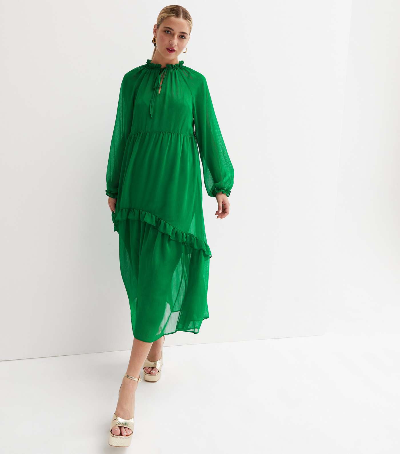 Green Chiffon Tiered Frill Midi Smock Dress Image 3
