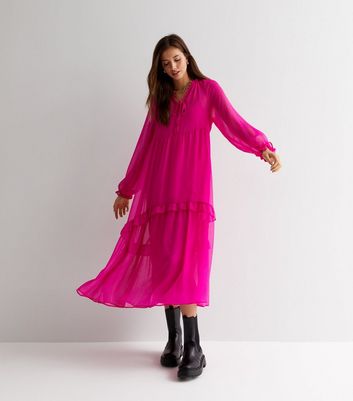 Pink Heart Print Puff Sleeve Midi Dress | New Look