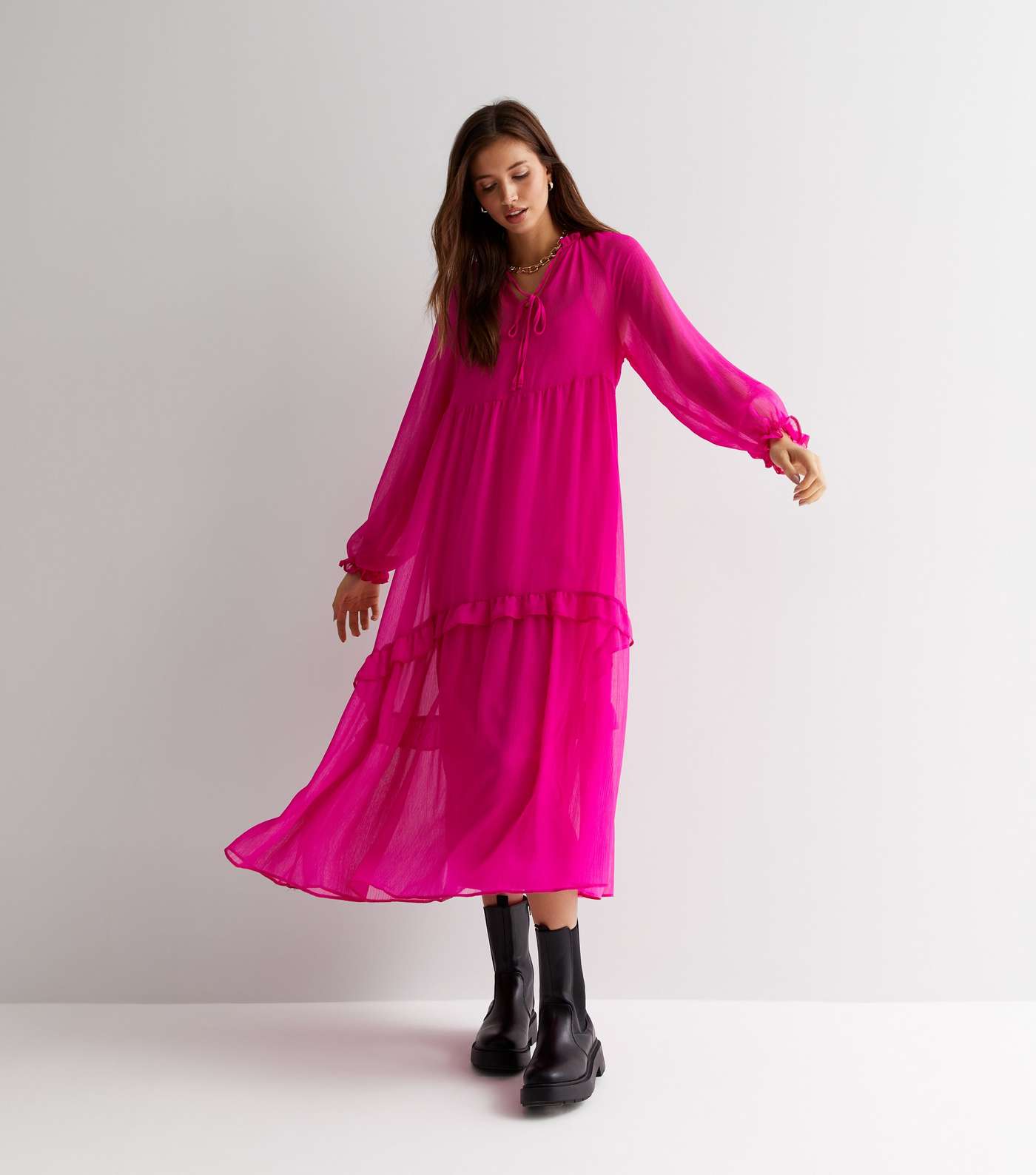 Bright Pink Chiffon Tiered Frill Midi Smock Dress