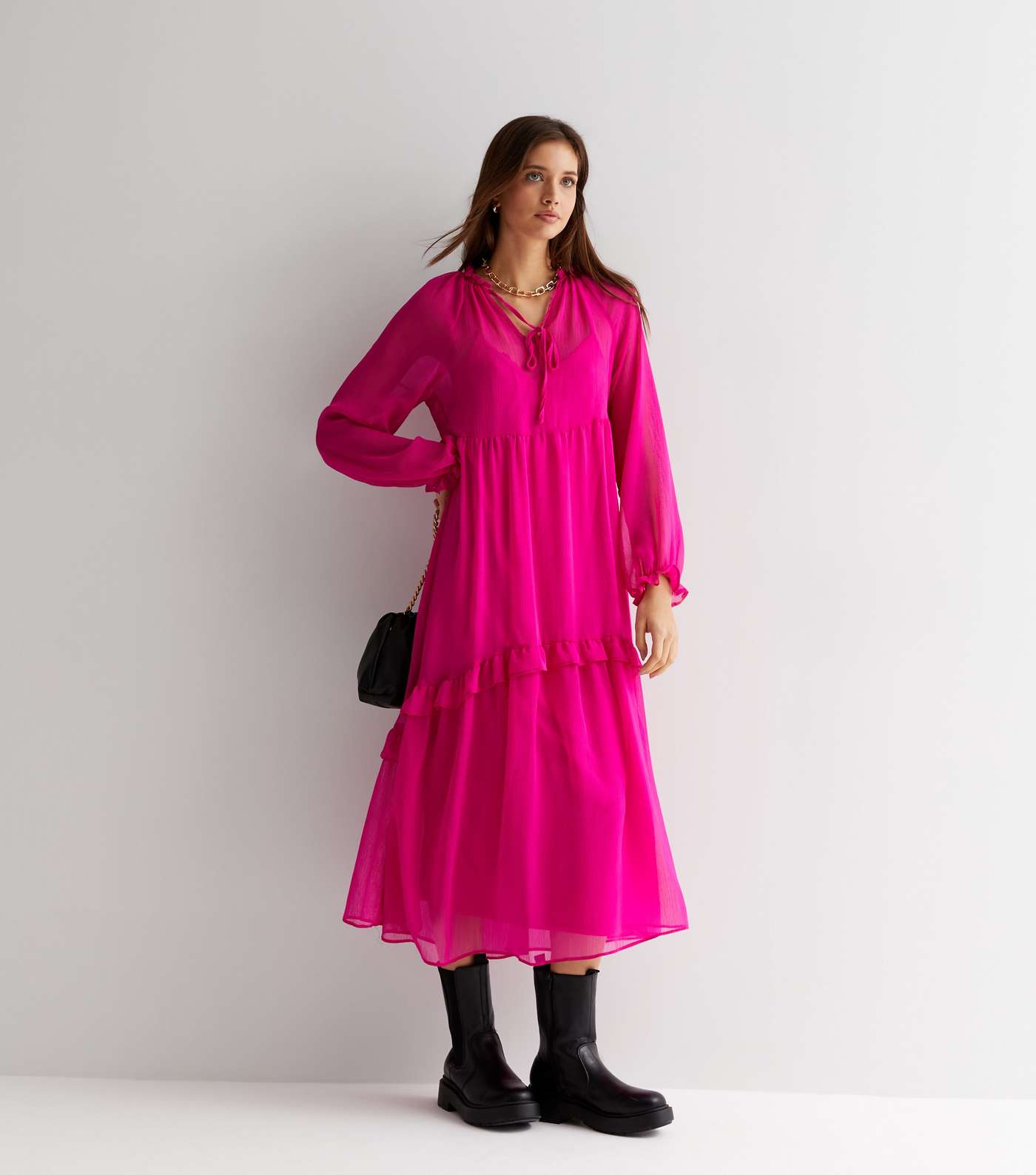 Bright Pink Chiffon Tiered Frill Midi Smock Dress Image 3