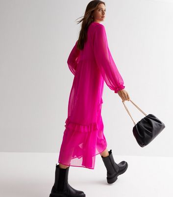 Bright Pink Chiffon Tiered Frill Midi Smock Dress New Look