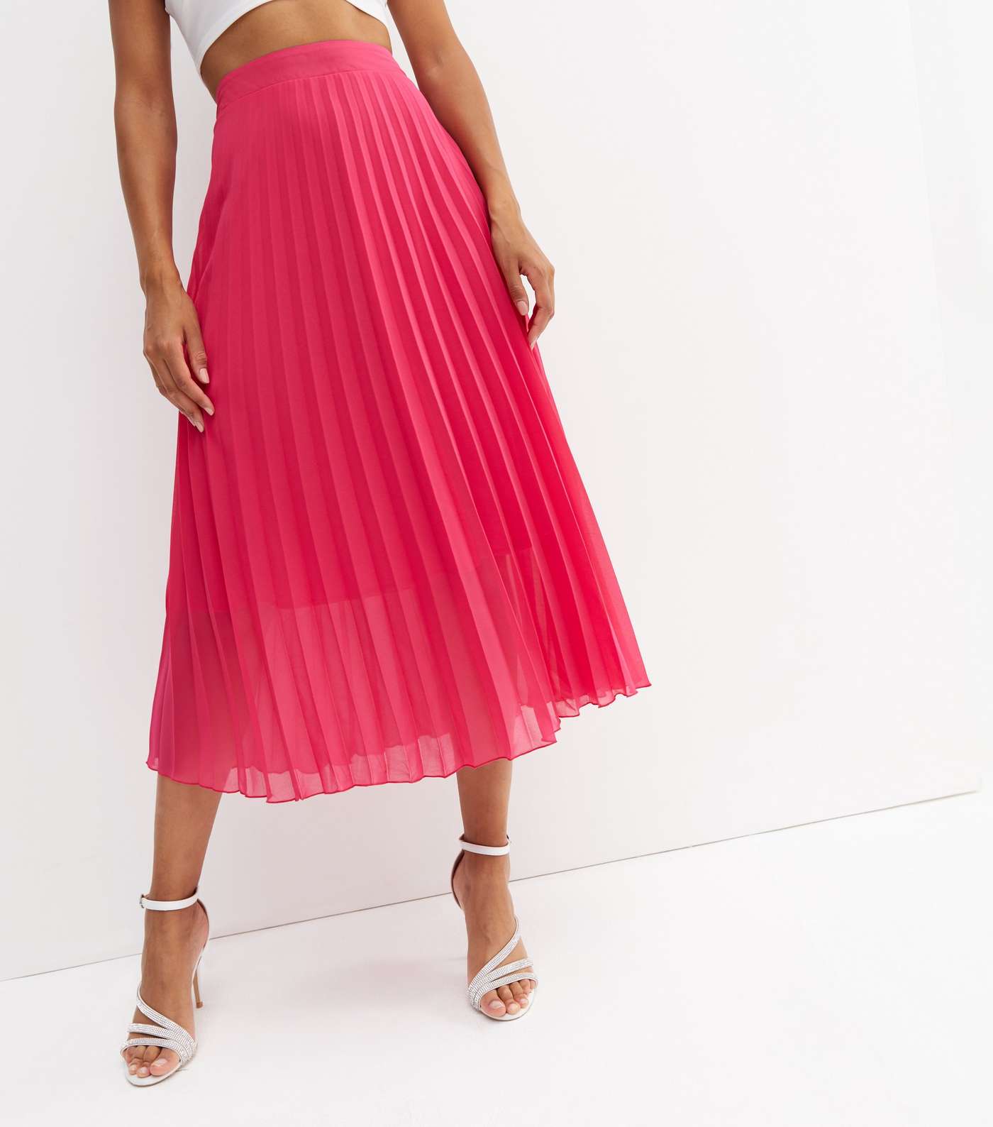 Bright Pink Chiffon Pleated Midi Skirt Image 2