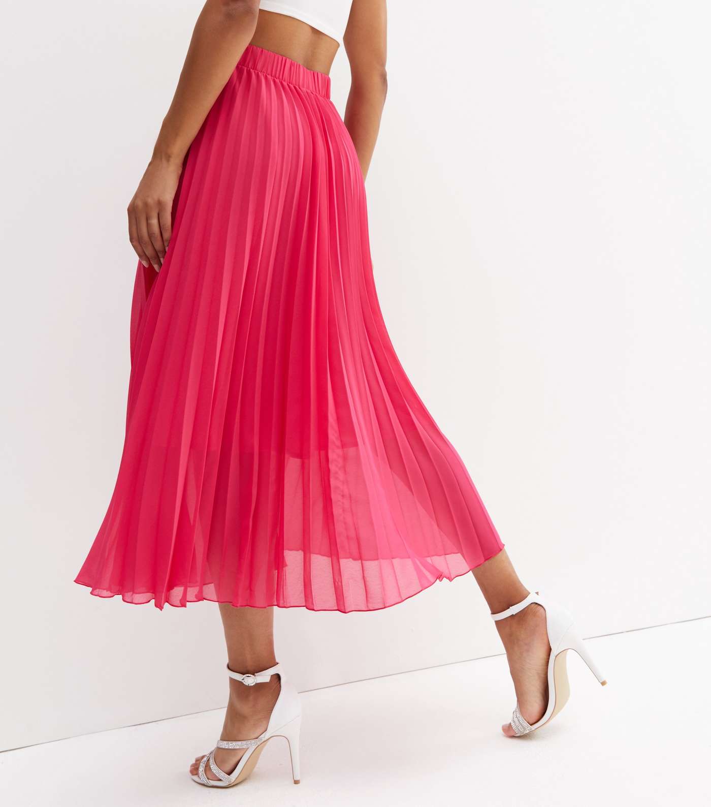 Bright Pink Chiffon Pleated Midi Skirt Image 4