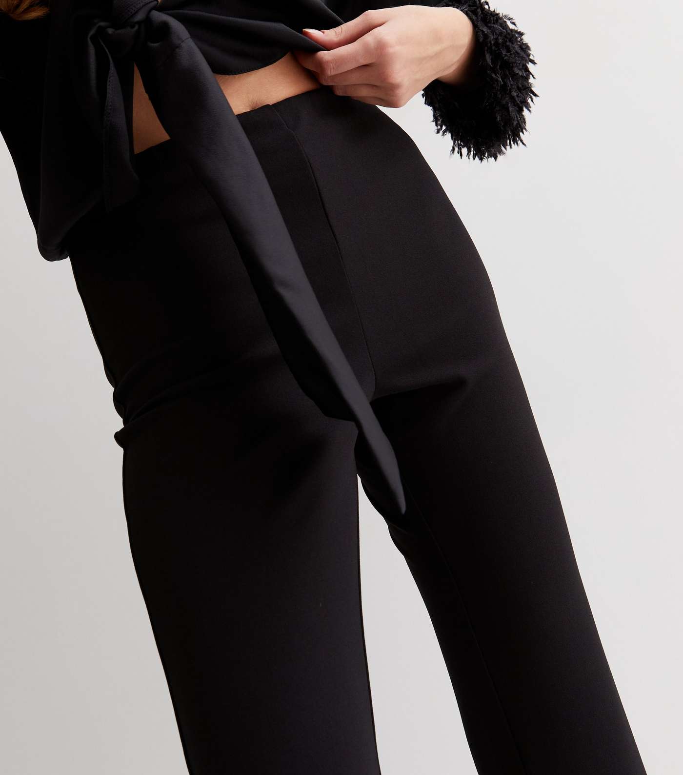 Black Faux Feather Trim Flared Trousers Image 2