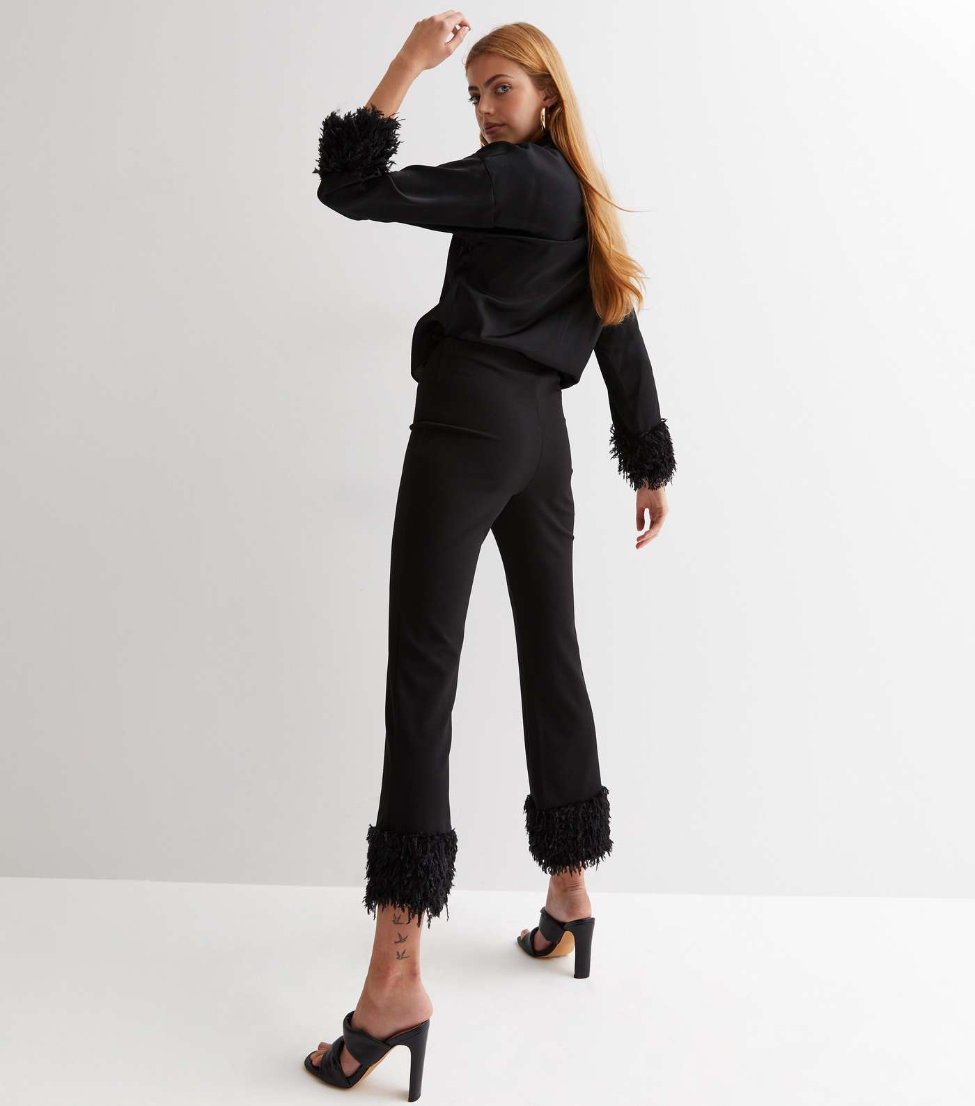 Black Faux Feather Trim Flared Trousers Image 4