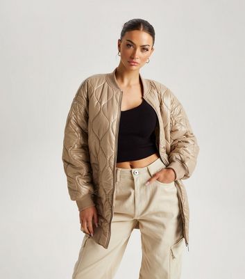 Urban Bliss Camel Quilted Long Bomber Jacket New Look