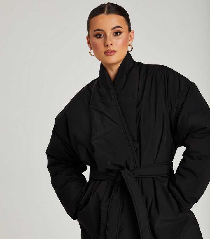 Urban Bliss belted wrap puffer coat in black