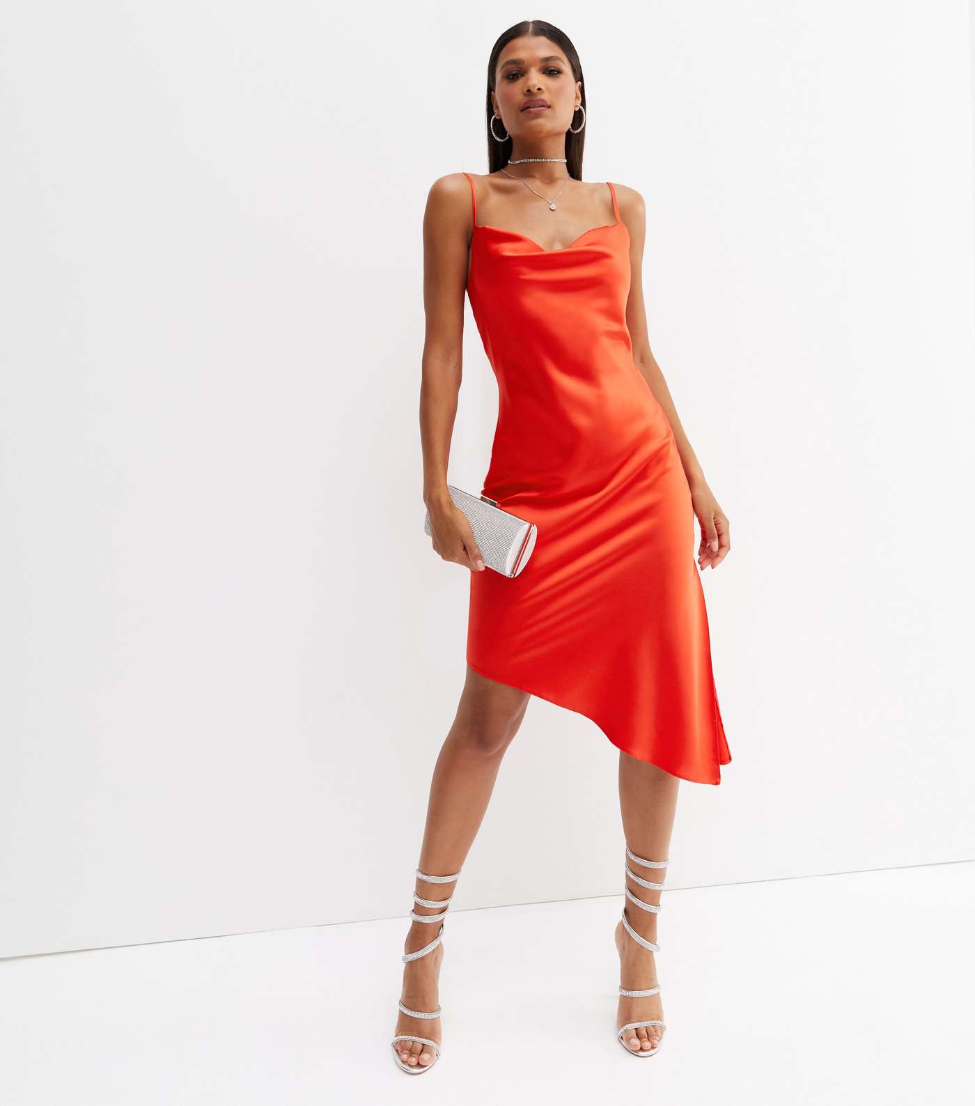 Red Satin Cowl Neck Asymmetric Hem Midi Slip Dress Image 2