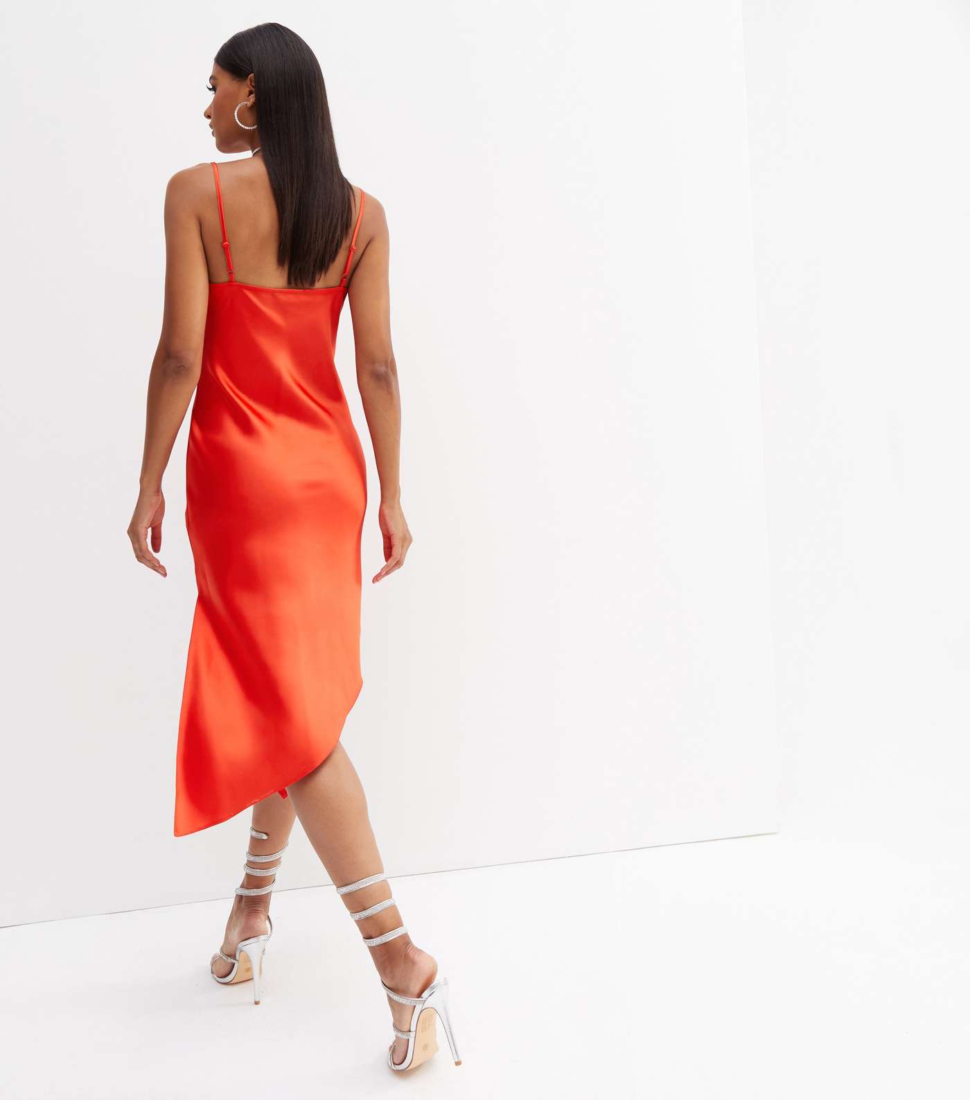 Red Satin Cowl Neck Asymmetric Hem Midi Slip Dress Image 4