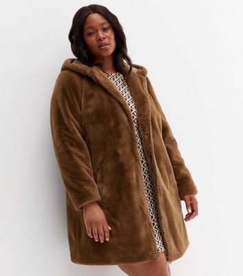 Curves Brown Faux Fur Hooded Jacket | New Look