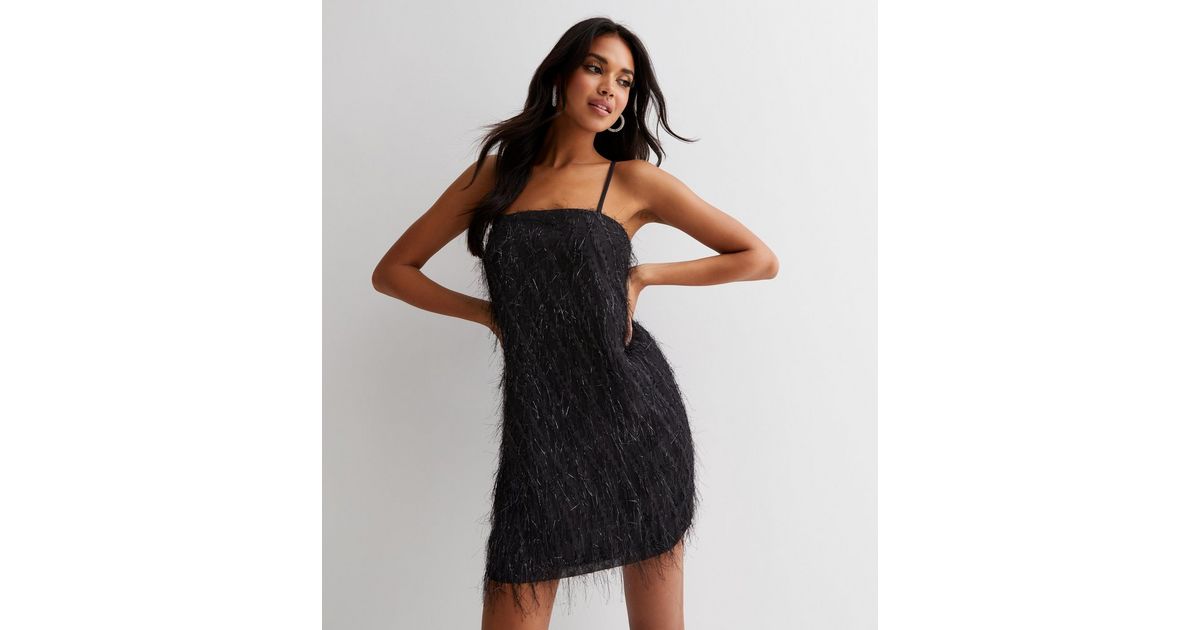Black Tinsel Embellished Square Neck Strappy Mini Slip Dress New Look