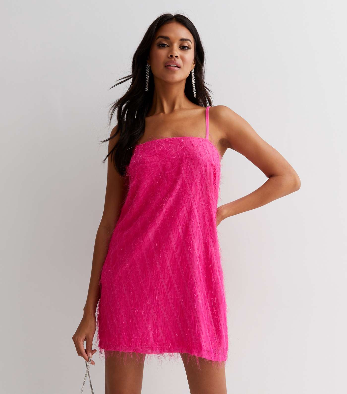 Bright Pink Tinsel Embellished Square Neck Strappy Mini Slip Dress