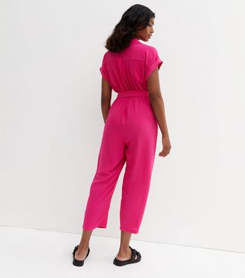 Bright Pink Revere Collar Belted Crop 
