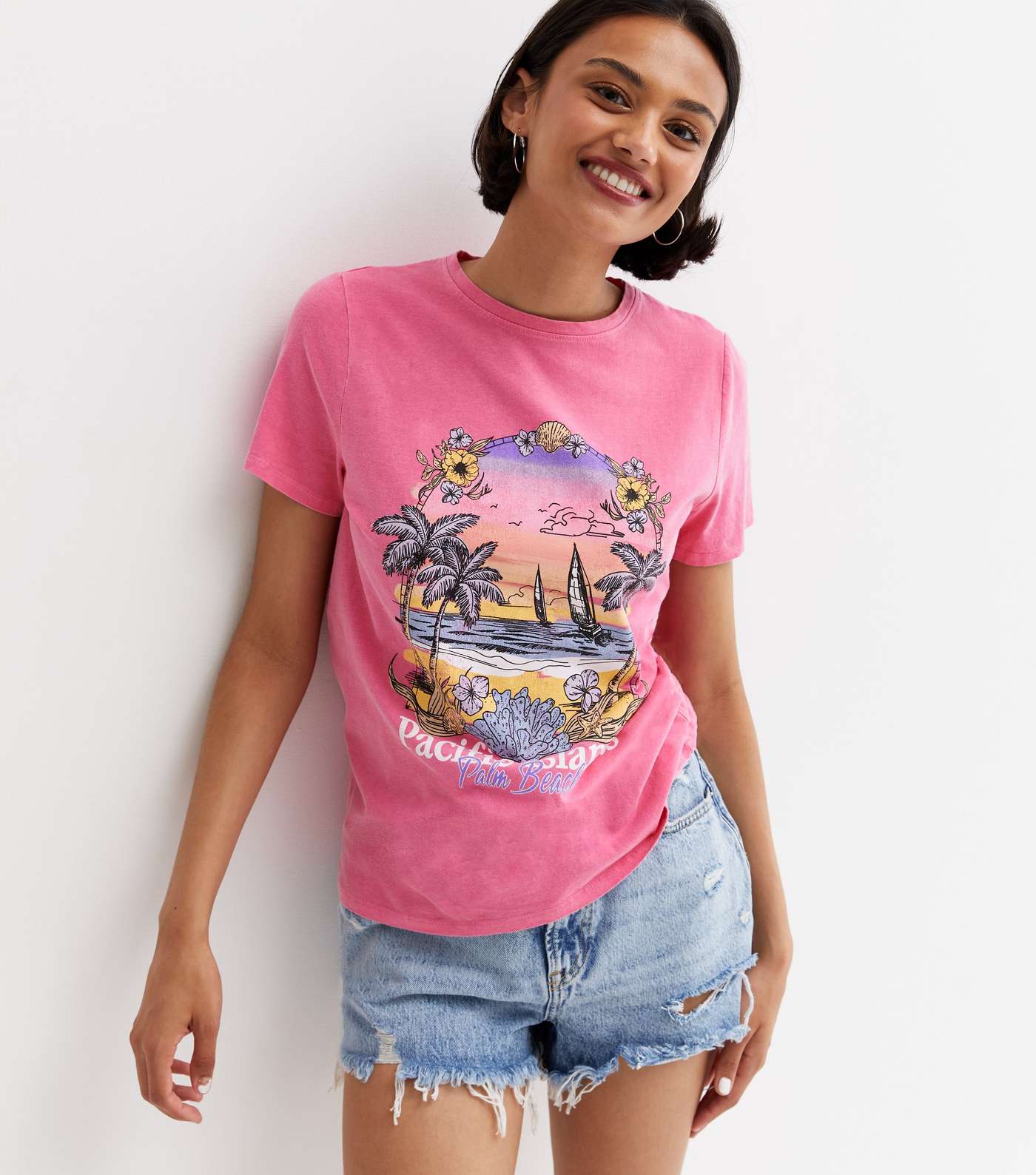 Bright Pink Pacific Islands Beach Logo T-Shirt Image 2