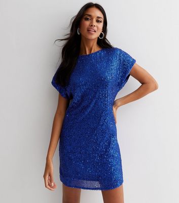 Blue Sequin Detail Round Neck Cap Sleeve Mini Dress New Look