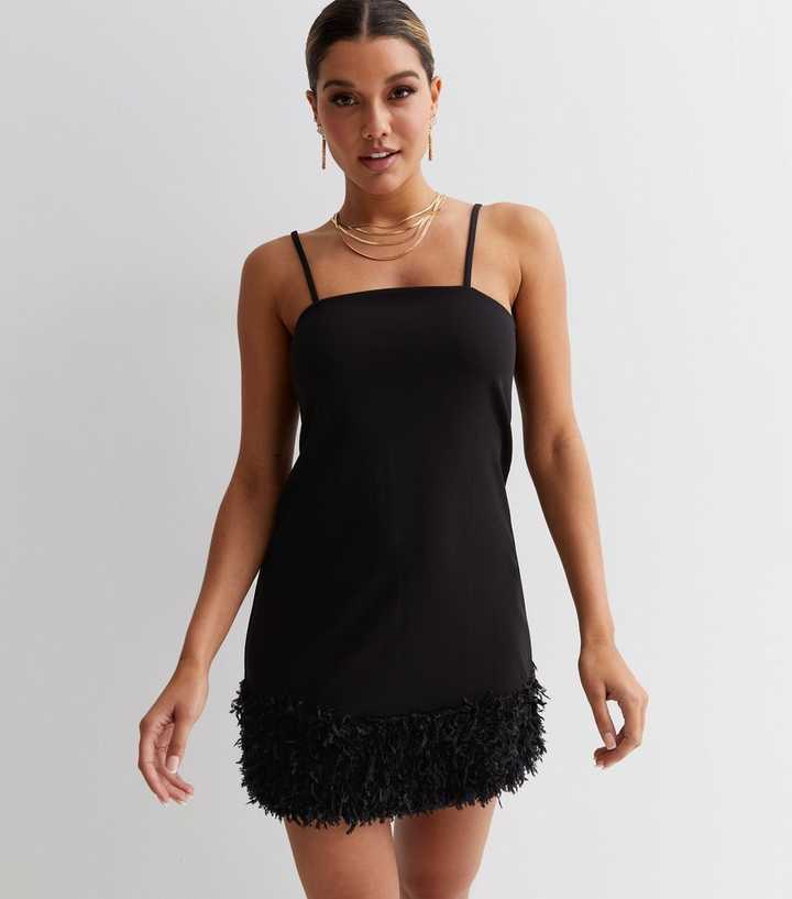 New Look 90s mini dress with faux feather trim in black