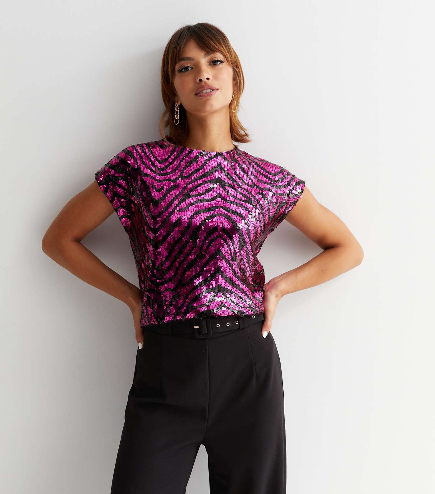 Pink Tiger Print Sequin Crew Neck Short Sleeve T-Shirt