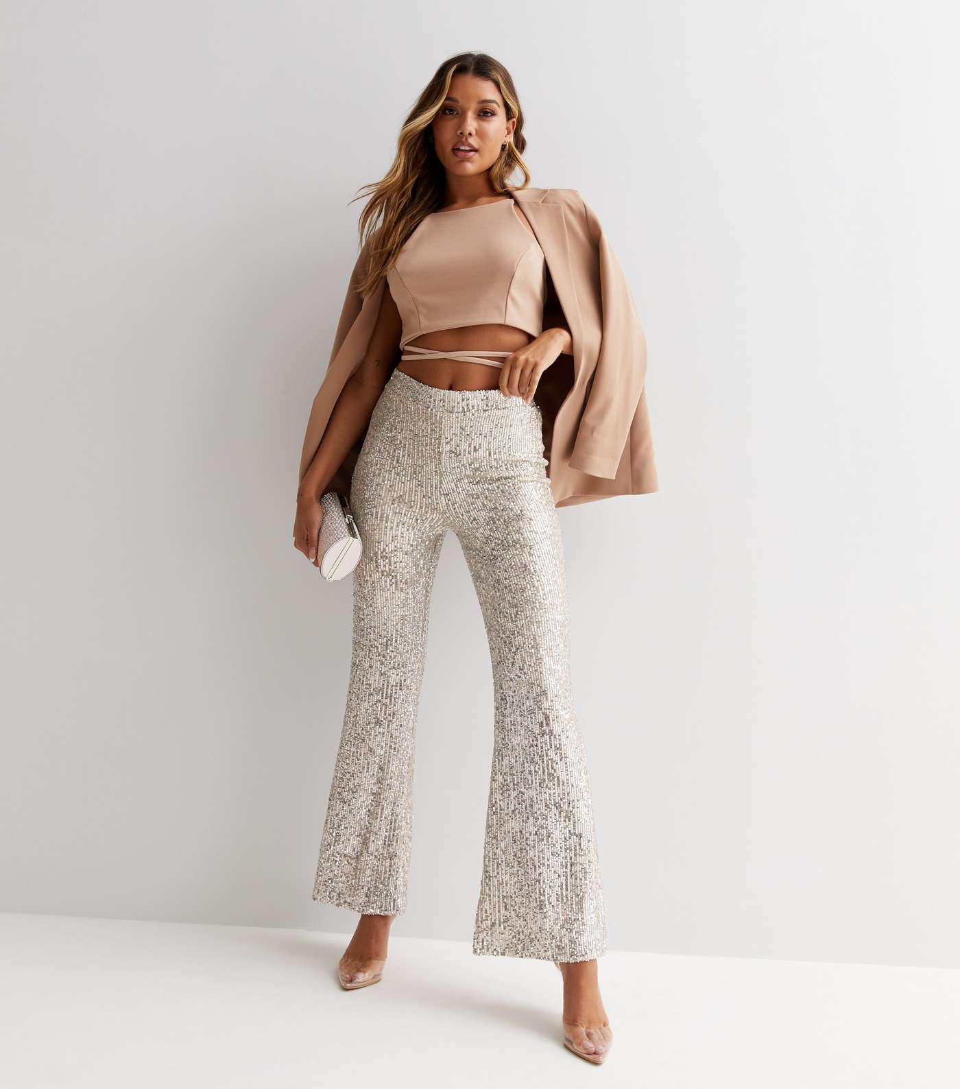 Silver Sequin High Waist Wide Leg Trousers Image 3
