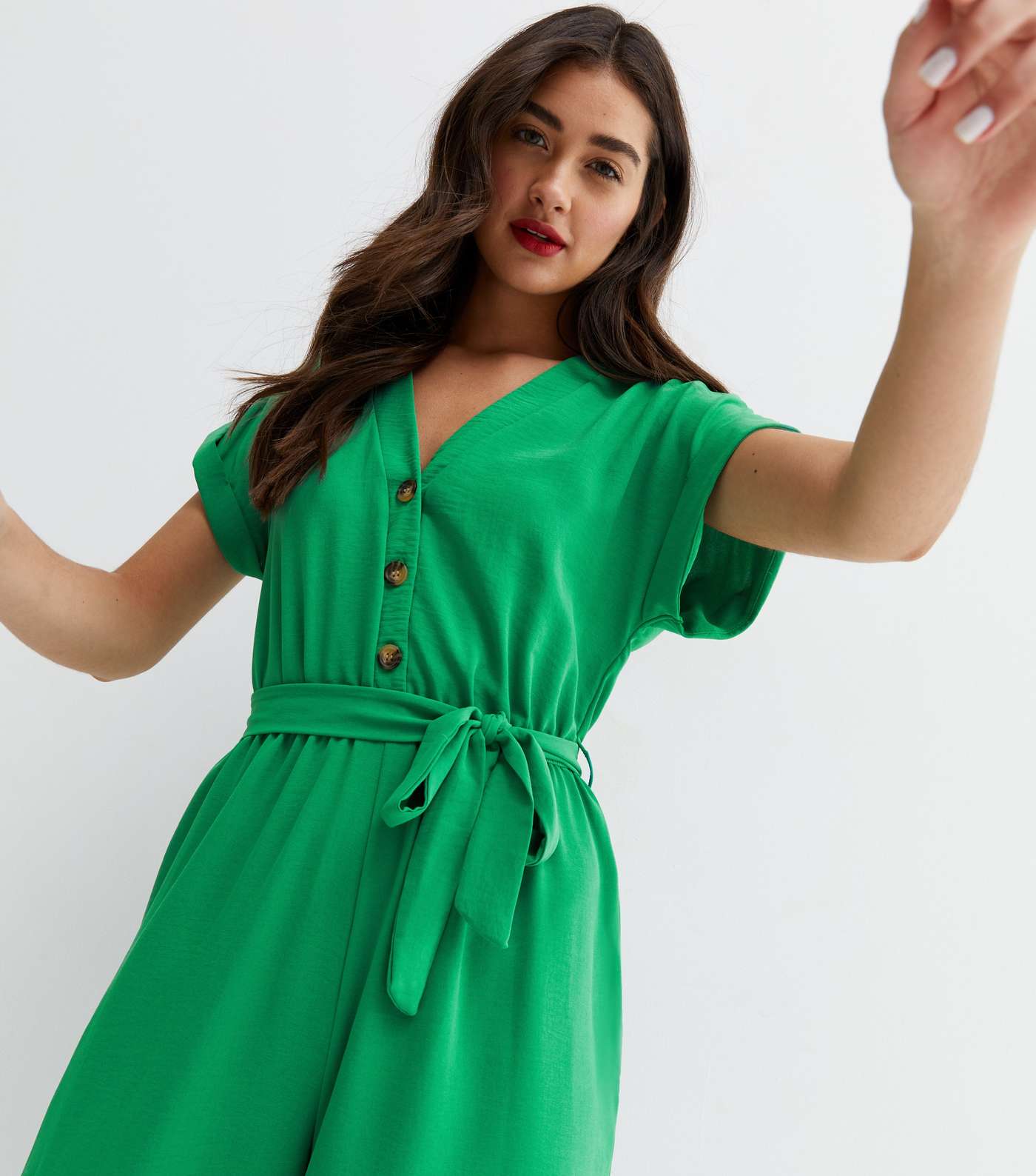 Green Button Belted Wide Leg Crop Jumpsuit Image 3