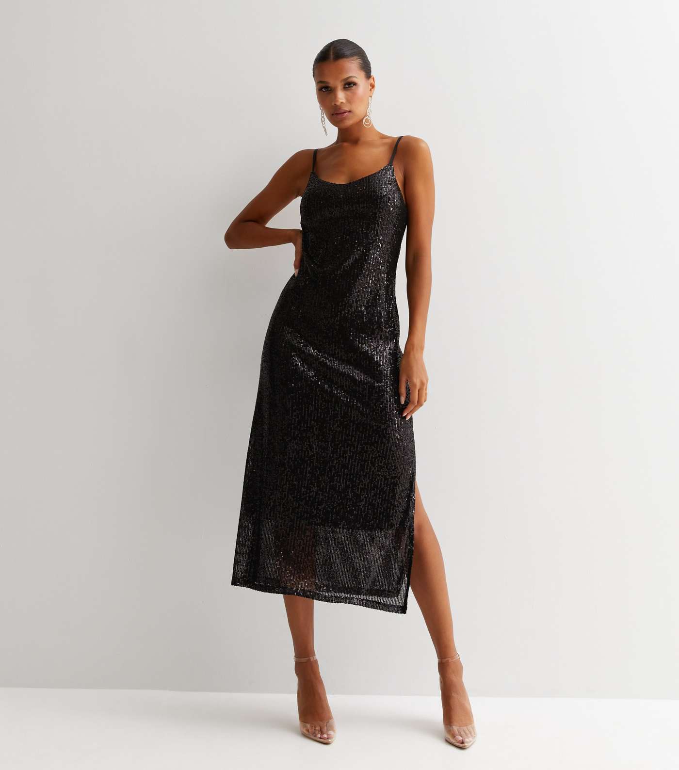 Black Sequin Scoop Neck Strappy Midi Slip Dress